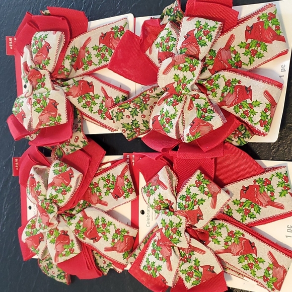 Celebrate It Other - 🌲 4 Large Christmas Holiday Bows Large 10"x22" Cardinal Holly Print